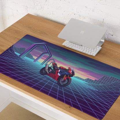 Honda CBR1000RR-R Fireblade Inspired Red Blue Vaporwave Gaming Mouse Pad – Neon Grid Sunset Desk Mat, Retro Futuristic Sportbike Digital Art