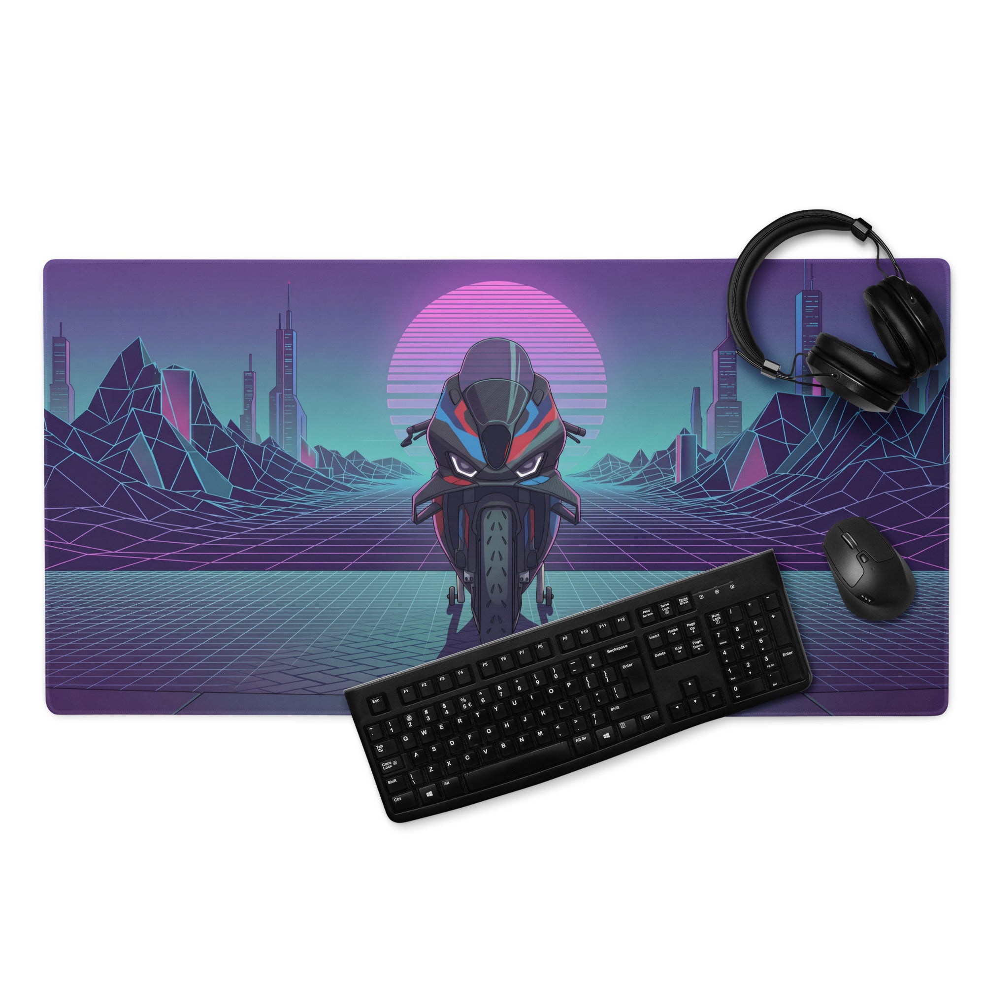 BMW M1000RR Inspired Blue Red Vaporwave Gaming Mouse Pad – Neon Cyber Grid Desk Mat, Retro Futuristic Superbike Digital Art