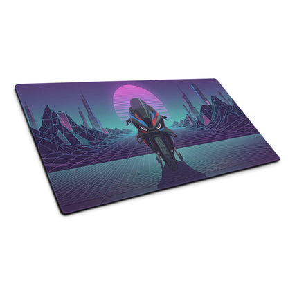 BMW M1000RR Inspired Blue Red Vaporwave Gaming Mouse Pad – Neon Cyber Grid Desk Mat, Retro Futuristic Superbike Digital Art