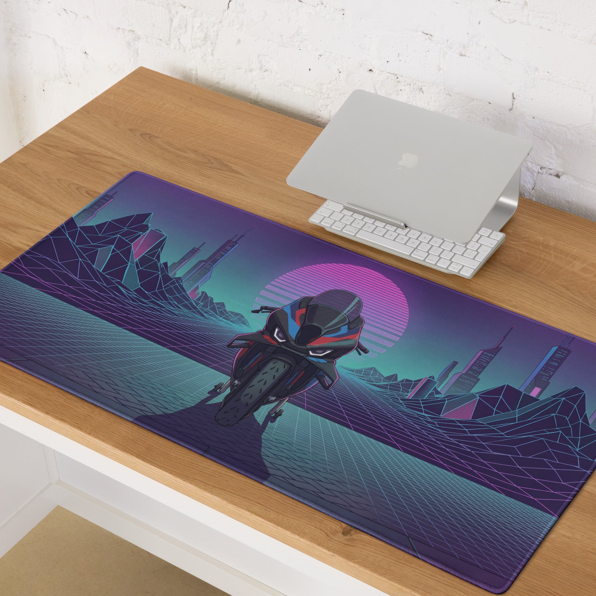 BMW M1000RR Inspired Blue Red Vaporwave Gaming Mouse Pad – Neon Cyber Grid Desk Mat, Retro Futuristic Superbike Digital Art