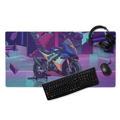 Aprilia RSV4 Xtrenta Inspired Blue Teal Vaporwave Gaming Mouse Pad – Neon Purple Cyber Garage Desk Mat, Retro Futuristic Geometric Motorcycle Digital Art