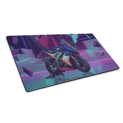 Aprilia RSV4 Xtrenta Inspired Blue Teal Vaporwave Gaming Mouse Pad – Neon Purple Cyber Garage Desk Mat, Retro Futuristic Geometric Motorcycle Digital Art