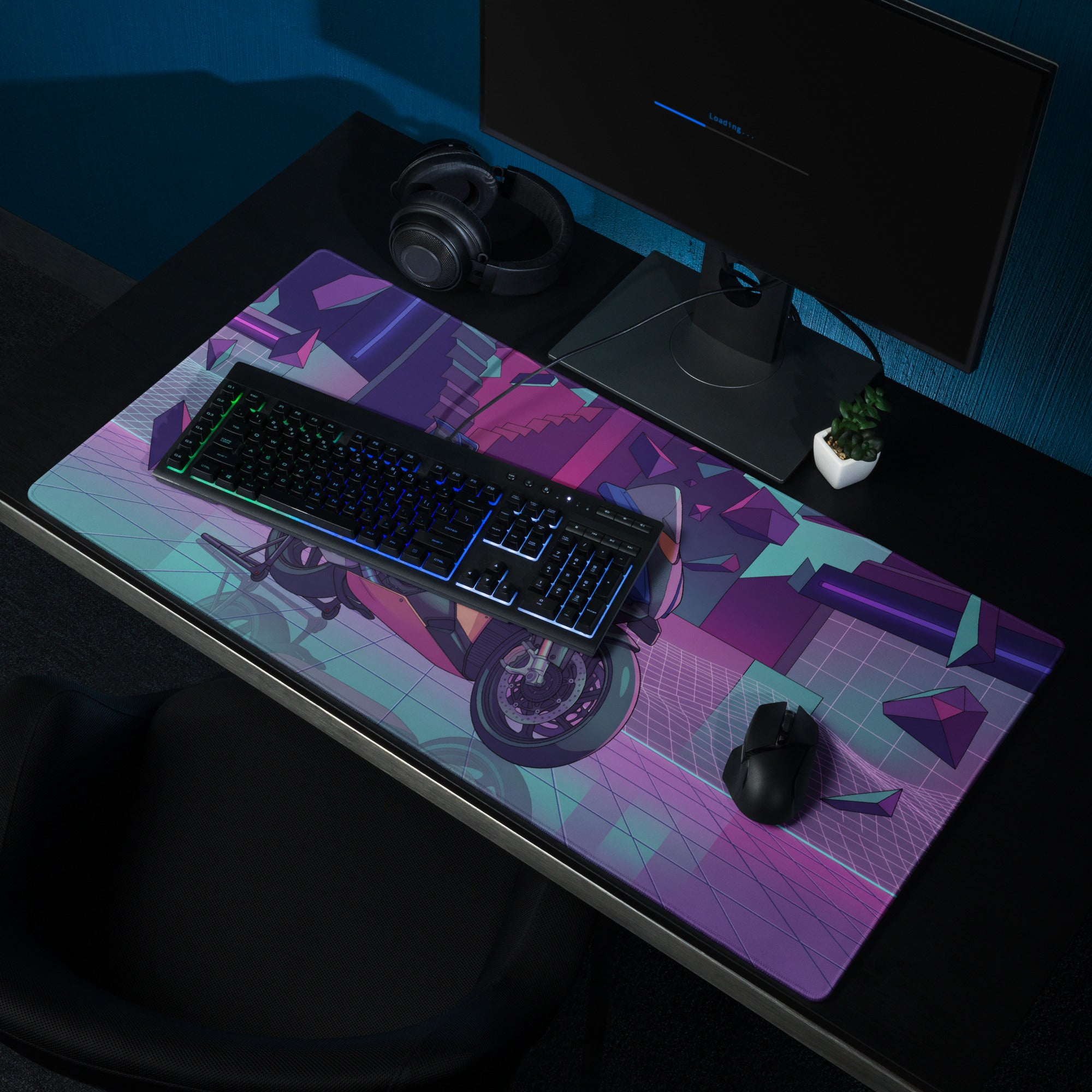 Aprilia RSV4 Xtrenta Inspired Blue Teal Vaporwave Gaming Mouse Pad – Neon Purple Cyber Garage Desk Mat, Retro Futuristic Geometric Motorcycle Digital Art