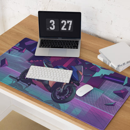 Aprilia RSV4 Xtrenta Inspired Blue Teal Vaporwave Gaming Mouse Pad – Neon Purple Cyber Garage Desk Mat, Retro Futuristic Geometric Motorcycle Digital Art