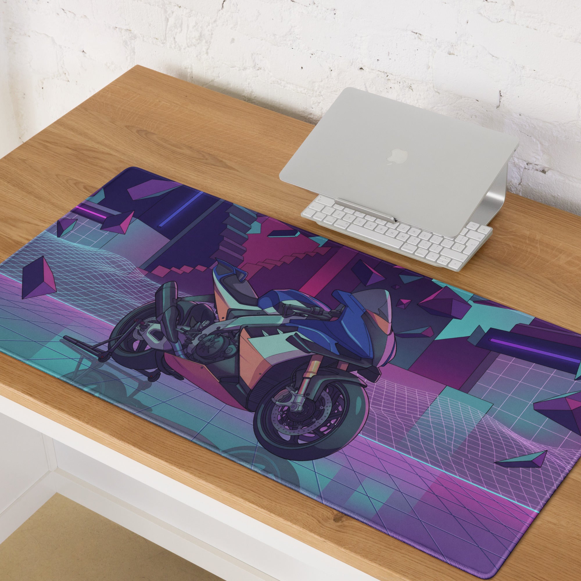 Aprilia RSV4 Xtrenta Inspired Blue Teal Vaporwave Gaming Mouse Pad – Neon Purple Cyber Garage Desk Mat, Retro Futuristic Geometric Motorcycle Digital Art