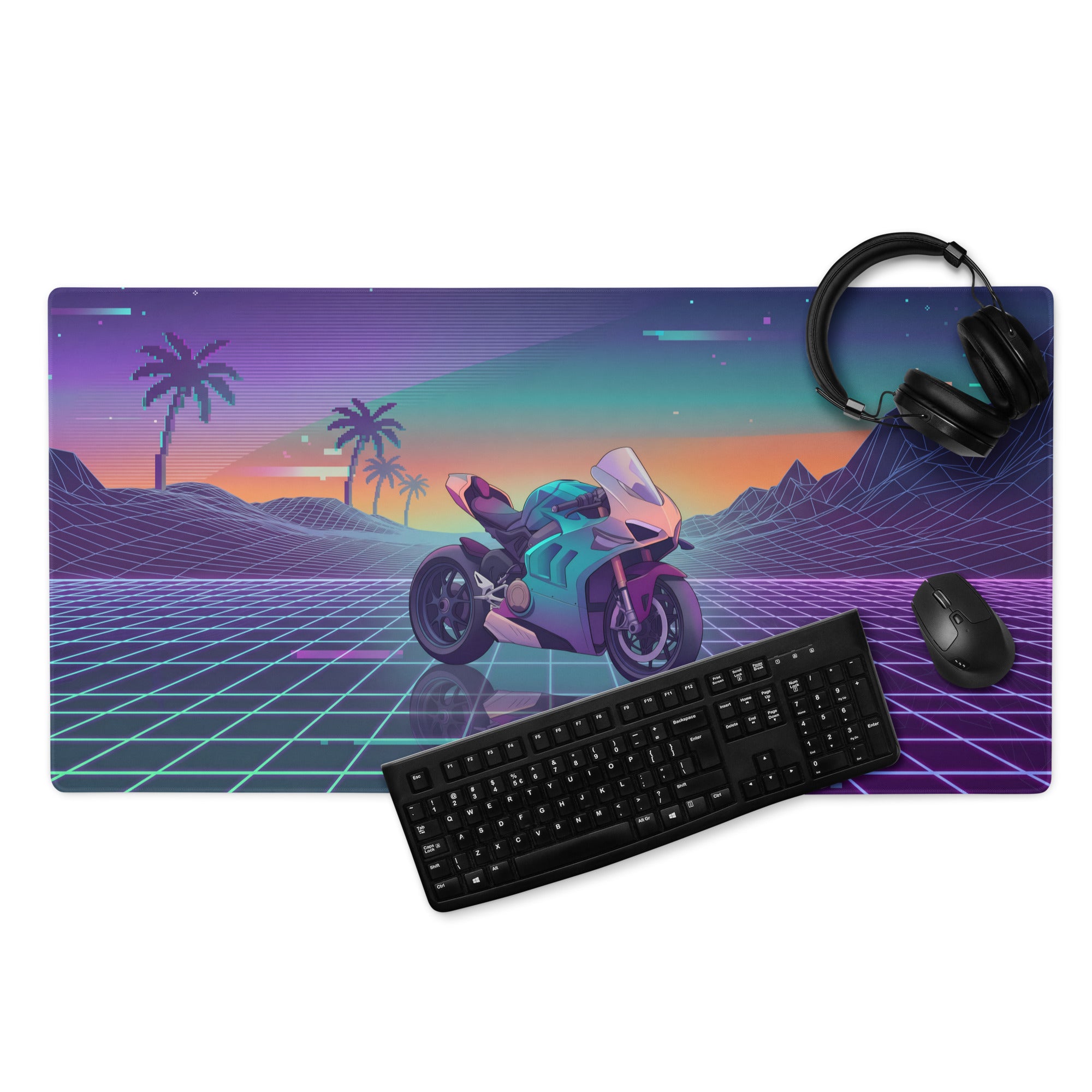 Ducati Panigale V4 Inspired Teal Purple Vaporwave Gaming Mouse Pad – Neon Sunset Grid Desk Mat, Retro Futuristic Palm Tree Motorcycle Digital Art
