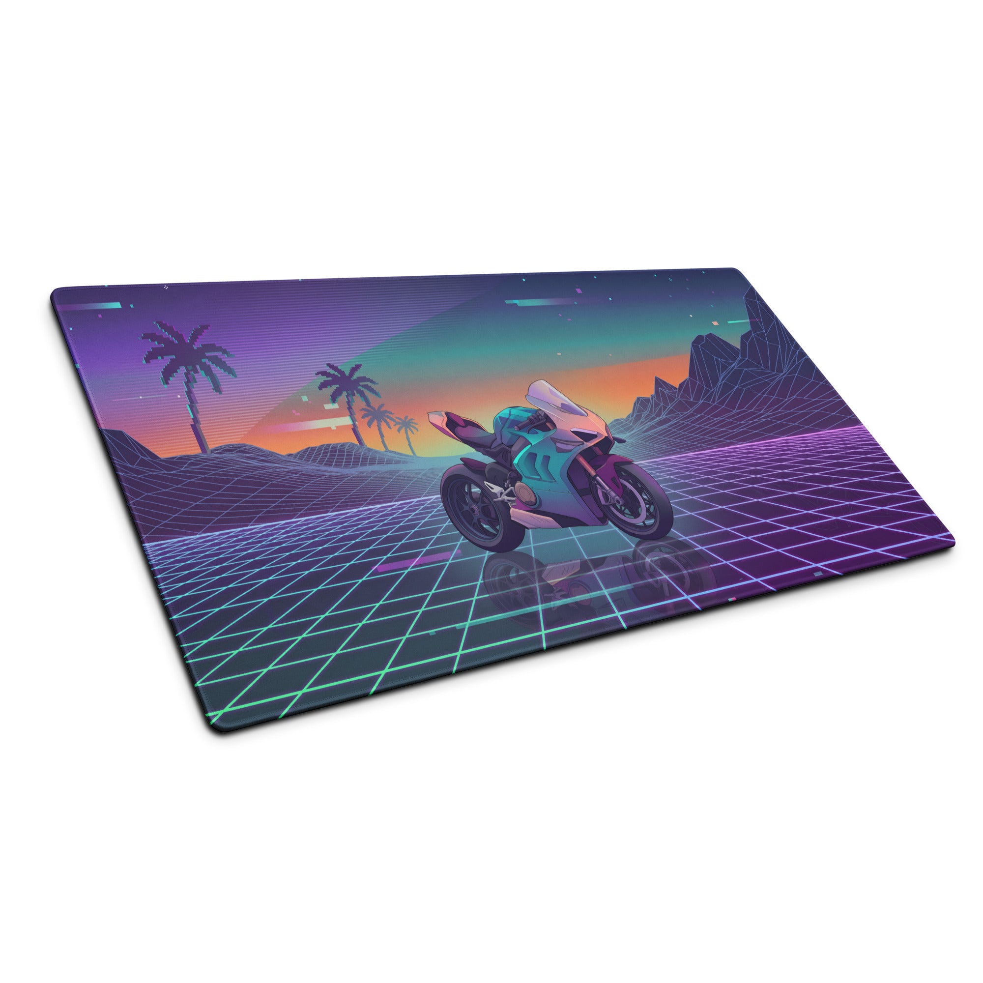 Ducati Panigale V4 Inspired Teal Purple Vaporwave Gaming Mouse Pad – Neon Sunset Grid Desk Mat, Retro Futuristic Palm Tree Motorcycle Digital Art