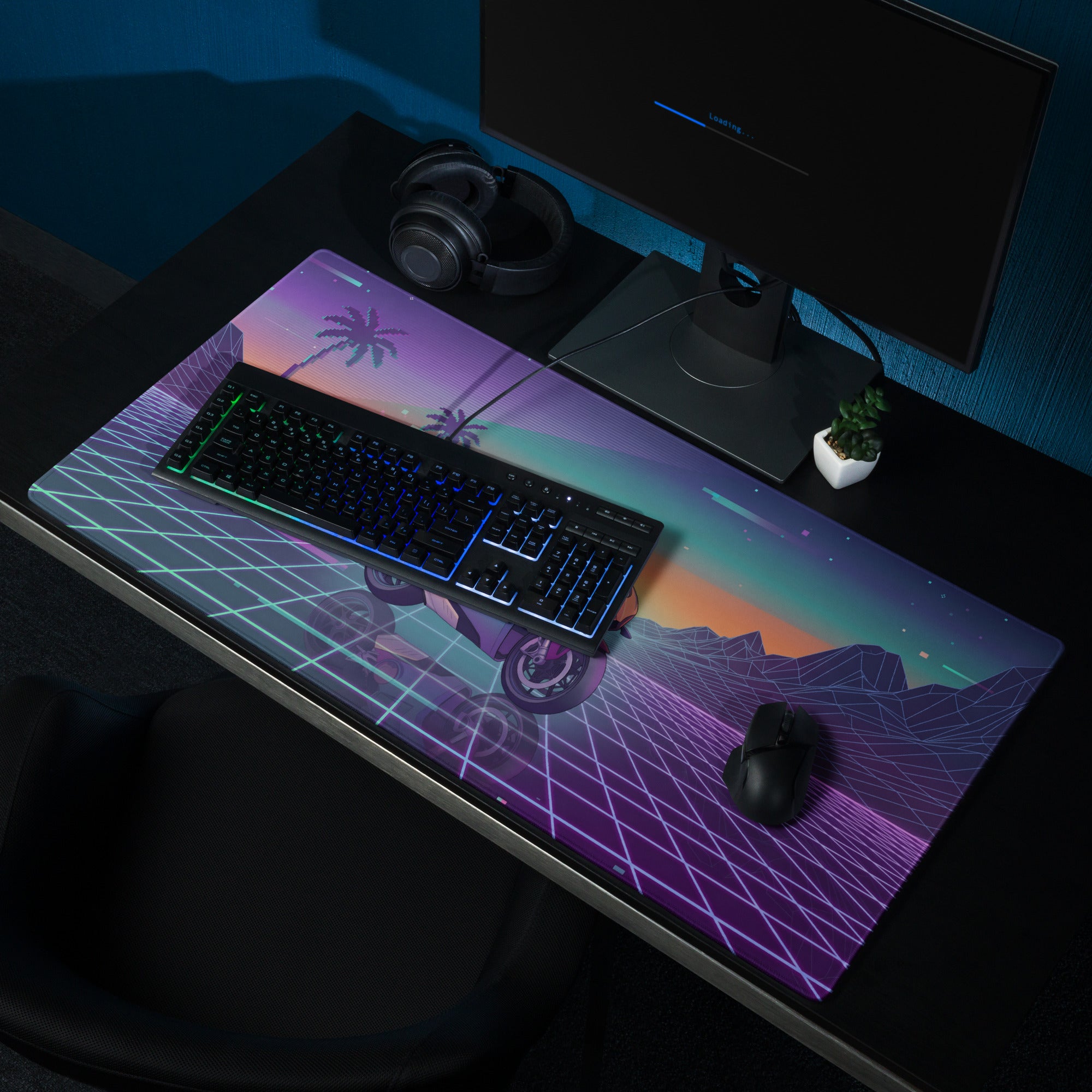 Ducati Panigale V4 Inspired Teal Purple Vaporwave Gaming Mouse Pad – Neon Sunset Grid Desk Mat, Retro Futuristic Palm Tree Motorcycle Digital Art