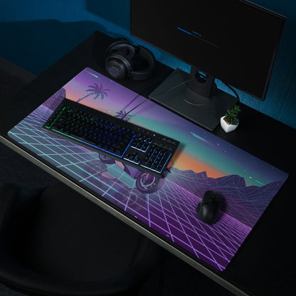 Ducati Panigale V4 Inspired Teal Purple Vaporwave Gaming Mouse Pad – Neon Sunset Grid Desk Mat, Retro Futuristic Palm Tree Motorcycle Digital Art
