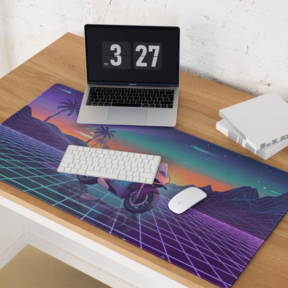 Ducati Panigale V4 Inspired Teal Purple Vaporwave Gaming Mouse Pad – Neon Sunset Grid Desk Mat, Retro Futuristic Palm Tree Motorcycle Digital Art