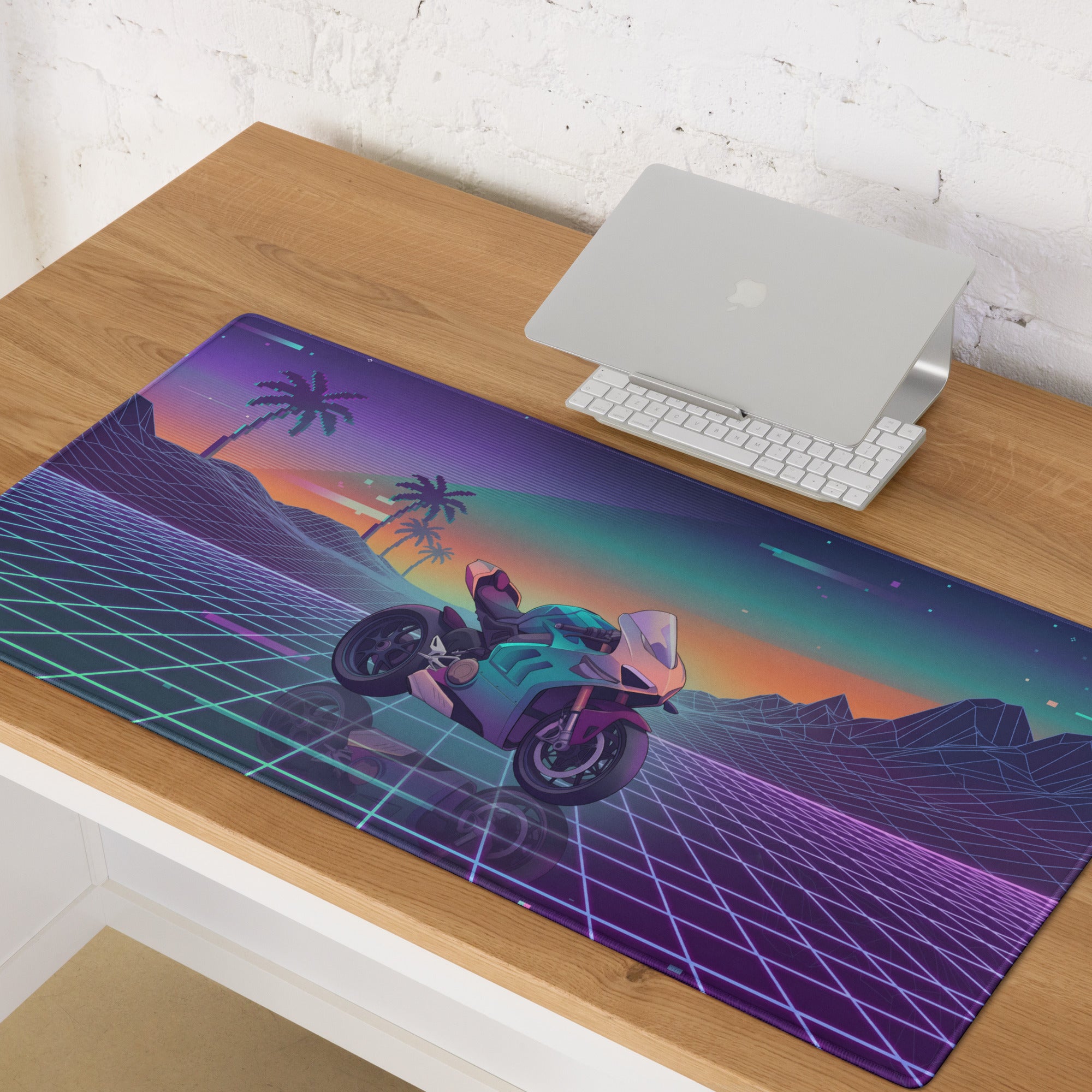 Ducati Panigale V4 Inspired Teal Purple Vaporwave Gaming Mouse Pad – Neon Sunset Grid Desk Mat, Retro Futuristic Palm Tree Motorcycle Digital Art