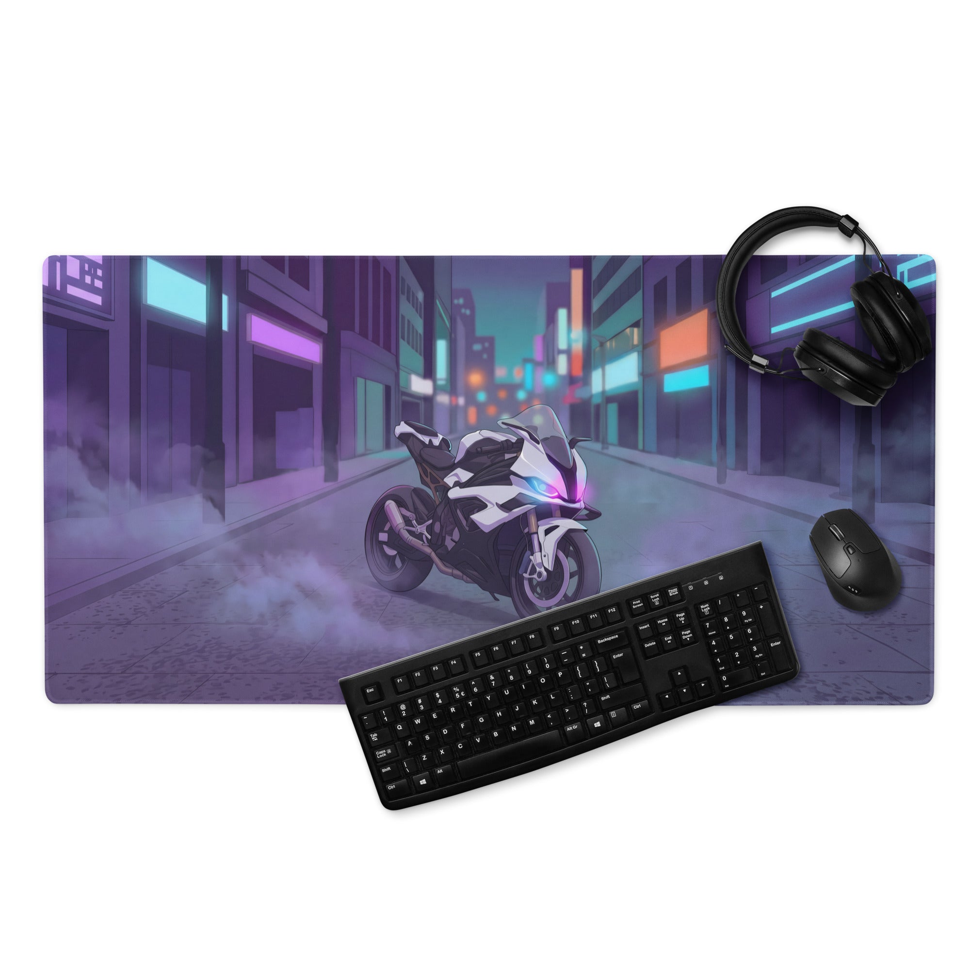 BMW S1000RR Inspired White Purple Vaporwave Gaming Mouse Pad – Neon Cyber City Desk Mat, Moody Futuristic Street Motorcycle Digital Art
