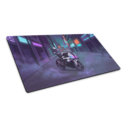 BMW S1000RR Inspired White Purple Vaporwave Gaming Mouse Pad – Neon Cyber City Desk Mat, Moody Futuristic Street Motorcycle Digital Art