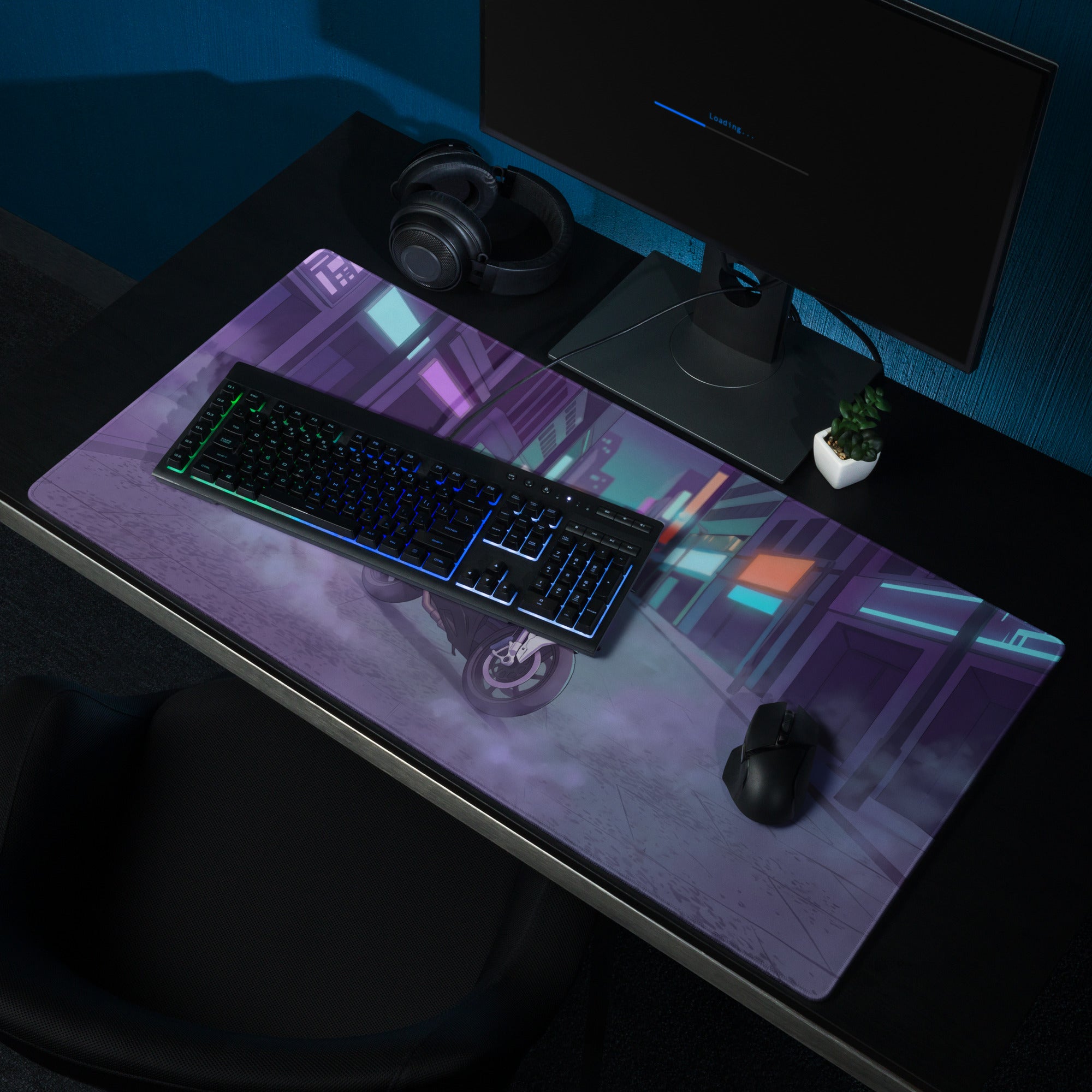 BMW S1000RR Inspired White Purple Vaporwave Gaming Mouse Pad – Neon Cyber City Desk Mat, Moody Futuristic Street Motorcycle Digital Art