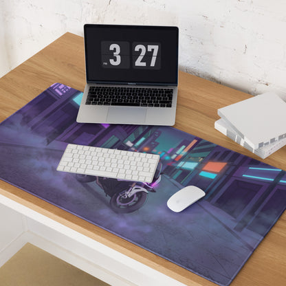 BMW S1000RR Inspired White Purple Vaporwave Gaming Mouse Pad – Neon Cyber City Desk Mat, Moody Futuristic Street Motorcycle Digital Art