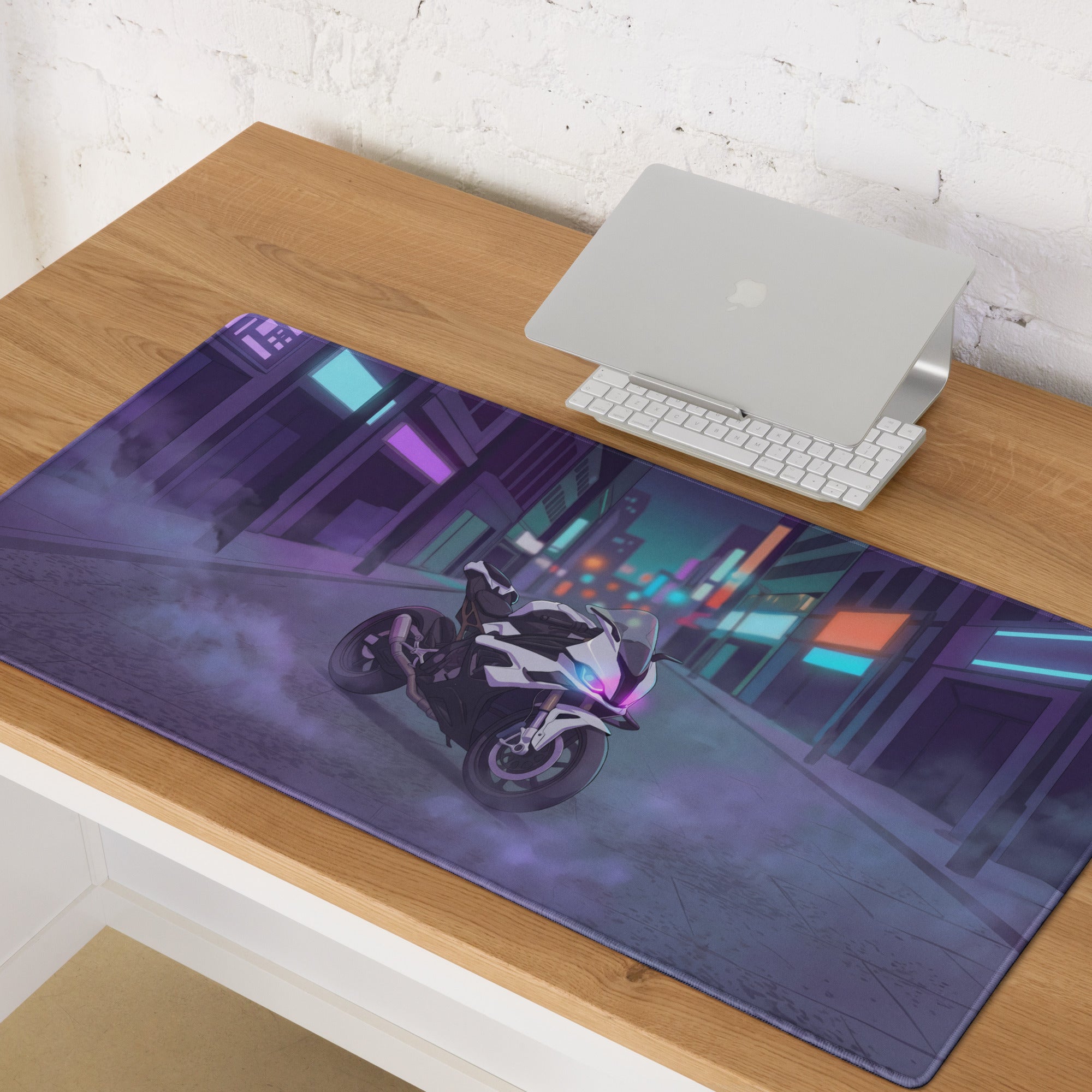 BMW S1000RR Inspired White Purple Vaporwave Gaming Mouse Pad – Neon Cyber City Desk Mat, Moody Futuristic Street Motorcycle Digital Art