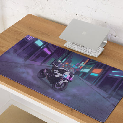 BMW S1000RR Inspired White Purple Vaporwave Gaming Mouse Pad – Neon Cyber City Desk Mat, Moody Futuristic Street Motorcycle Digital Art