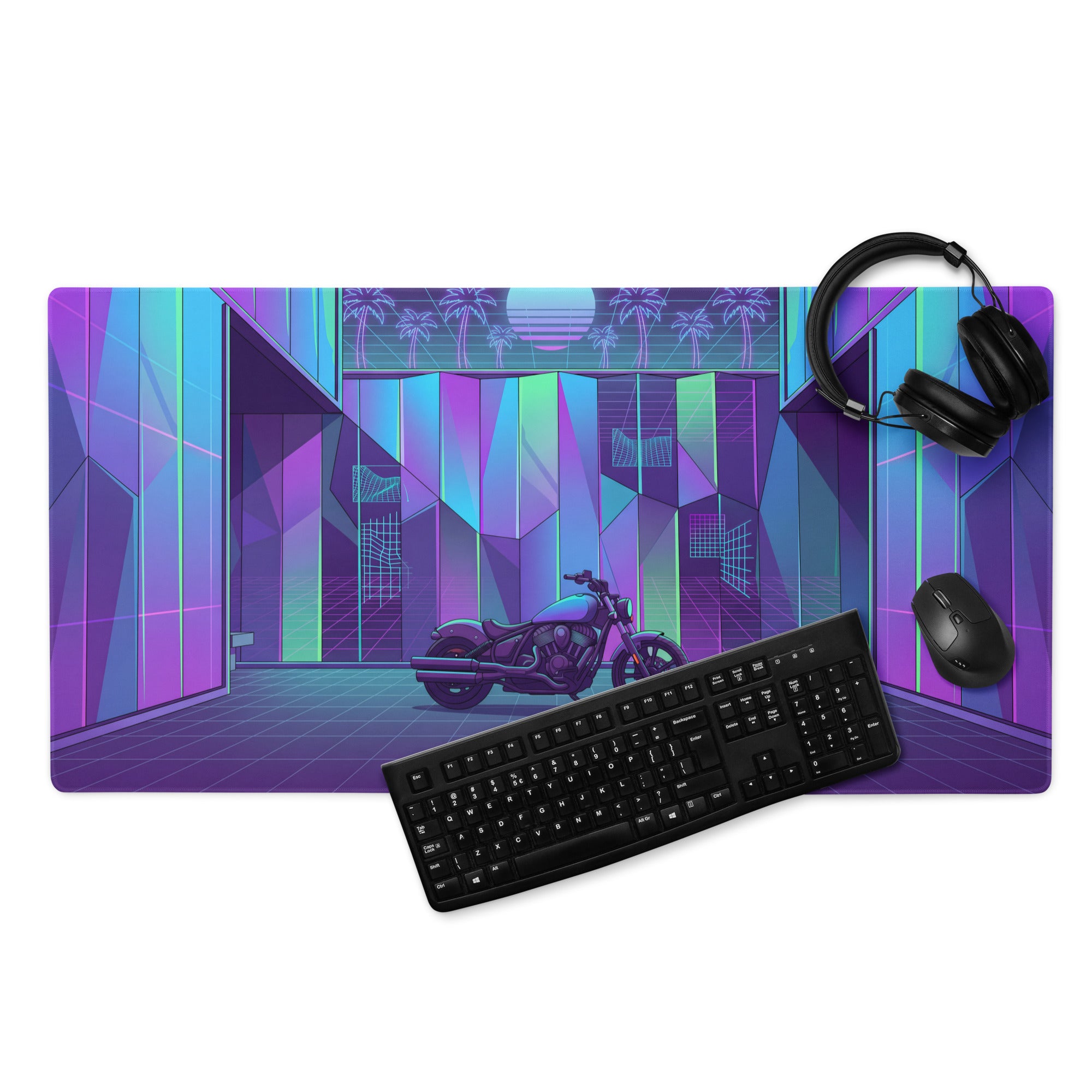 Indian Scout Bobber Inspired Purple Teal Vaporwave Gaming Mouse Pad – Neon Retro Arcade Garage Desk Mat, Futuristic Cruiser Motorcycle Digital Art