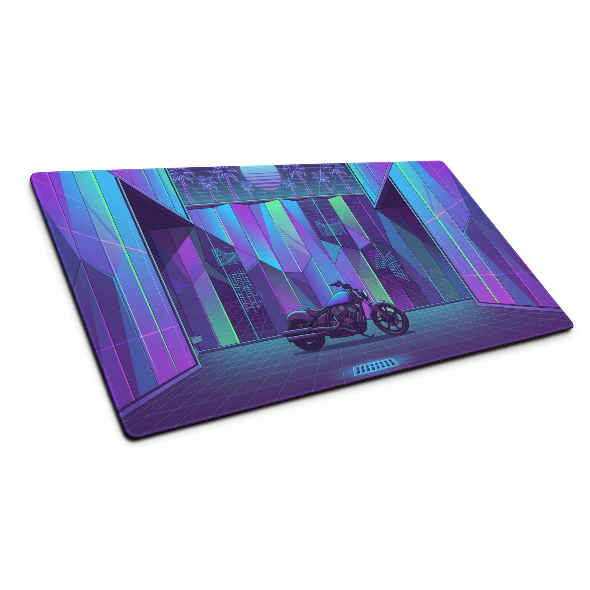 Indian Scout Bobber Inspired Purple Teal Vaporwave Gaming Mouse Pad – Neon Retro Arcade Garage Desk Mat, Futuristic Cruiser Motorcycle Digital Art