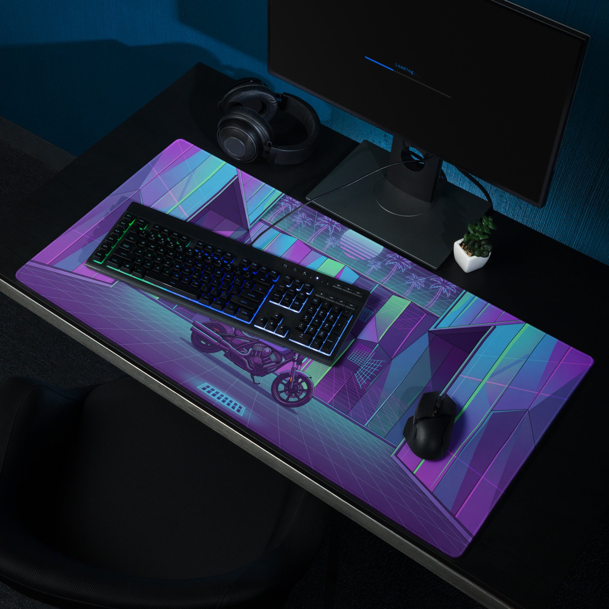 Indian Scout Bobber Inspired Purple Teal Vaporwave Gaming Mouse Pad – Neon Retro Arcade Garage Desk Mat, Futuristic Cruiser Motorcycle Digital Art