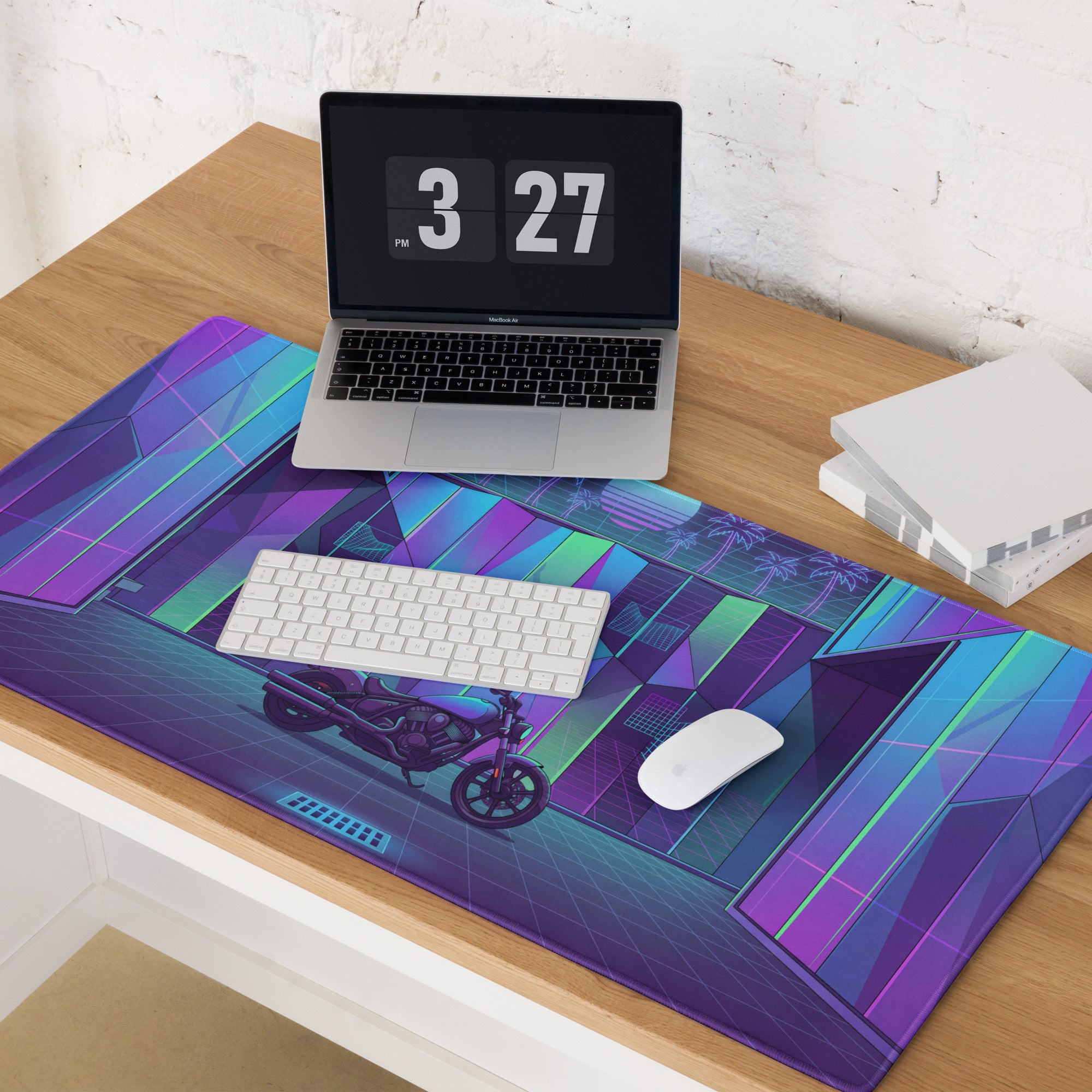 Indian Scout Bobber Inspired Purple Teal Vaporwave Gaming Mouse Pad – Neon Retro Arcade Garage Desk Mat, Futuristic Cruiser Motorcycle Digital Art
