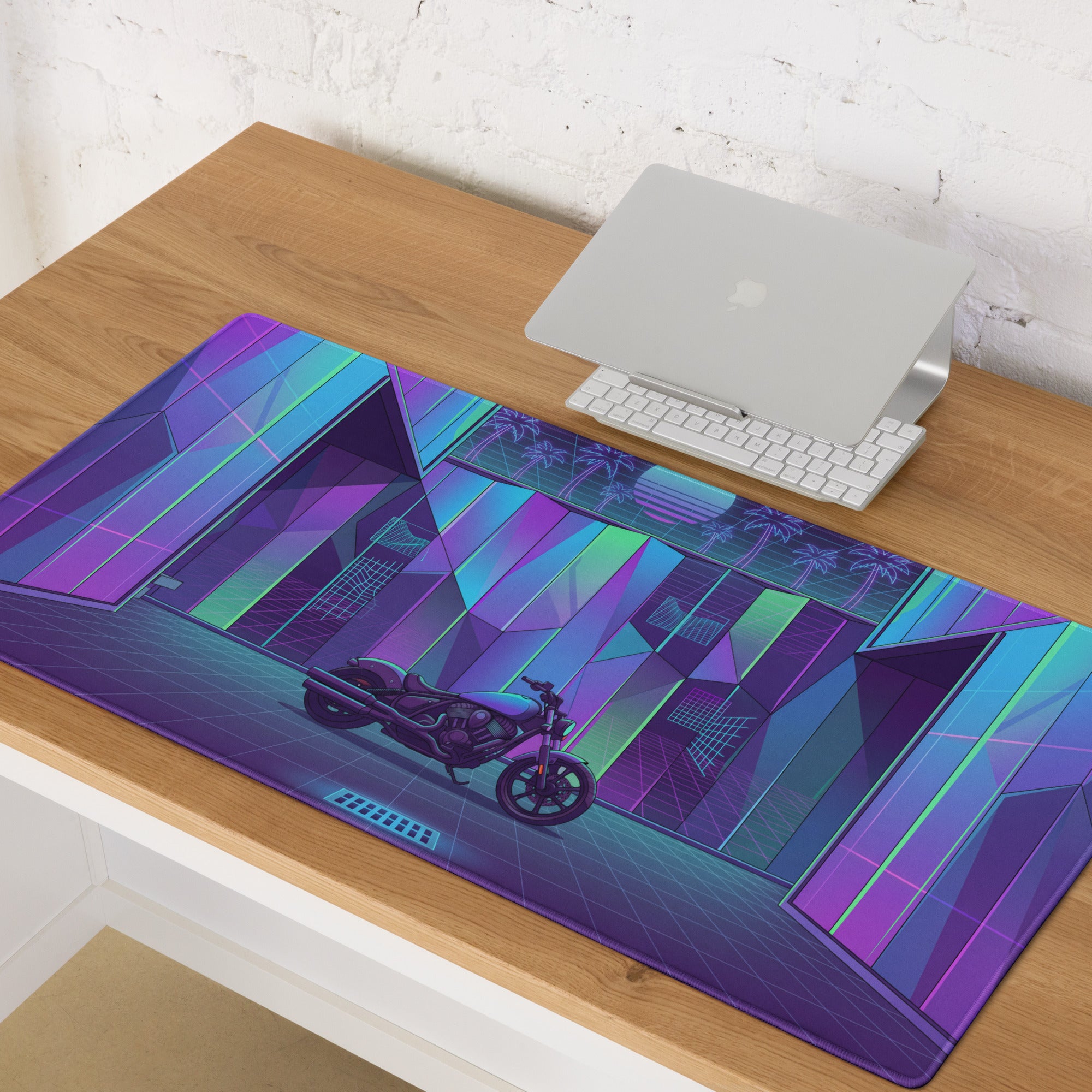 Indian Scout Bobber Inspired Purple Teal Vaporwave Gaming Mouse Pad – Neon Retro Arcade Garage Desk Mat, Futuristic Cruiser Motorcycle Digital Art
