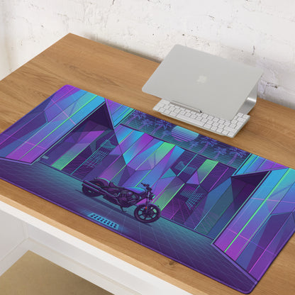 Indian Scout Bobber Inspired Purple Teal Vaporwave Gaming Mouse Pad – Neon Retro Arcade Garage Desk Mat, Futuristic Cruiser Motorcycle Digital Art