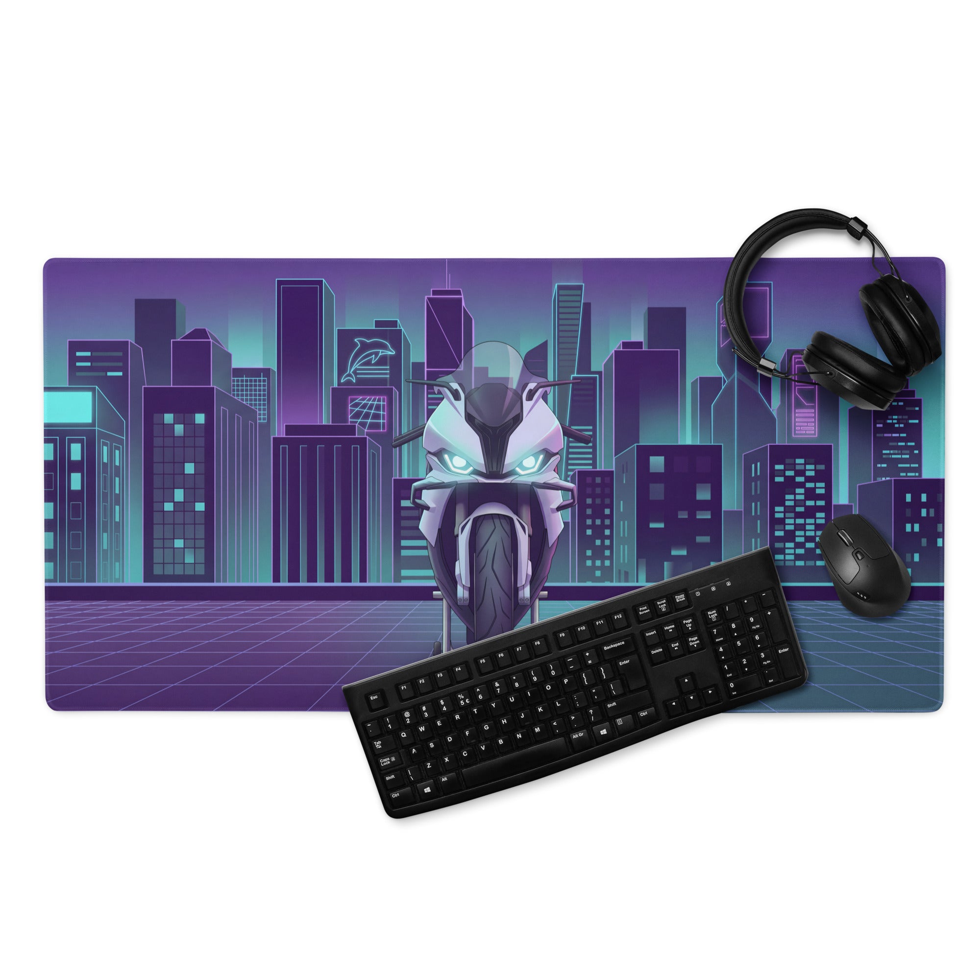 BMW S1000RR Inspired White Teal Vaporwave Gaming Mouse Pad – Neon Purple Cyber City Desk Mat, Futuristic Skyline Sportbike Digital Art