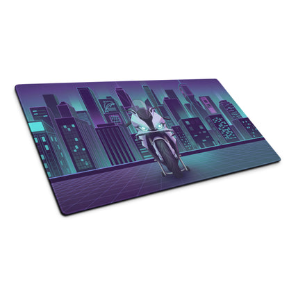 BMW S1000RR Inspired White Teal Vaporwave Gaming Mouse Pad – Neon Purple Cyber City Desk Mat, Futuristic Skyline Sportbike Digital Art