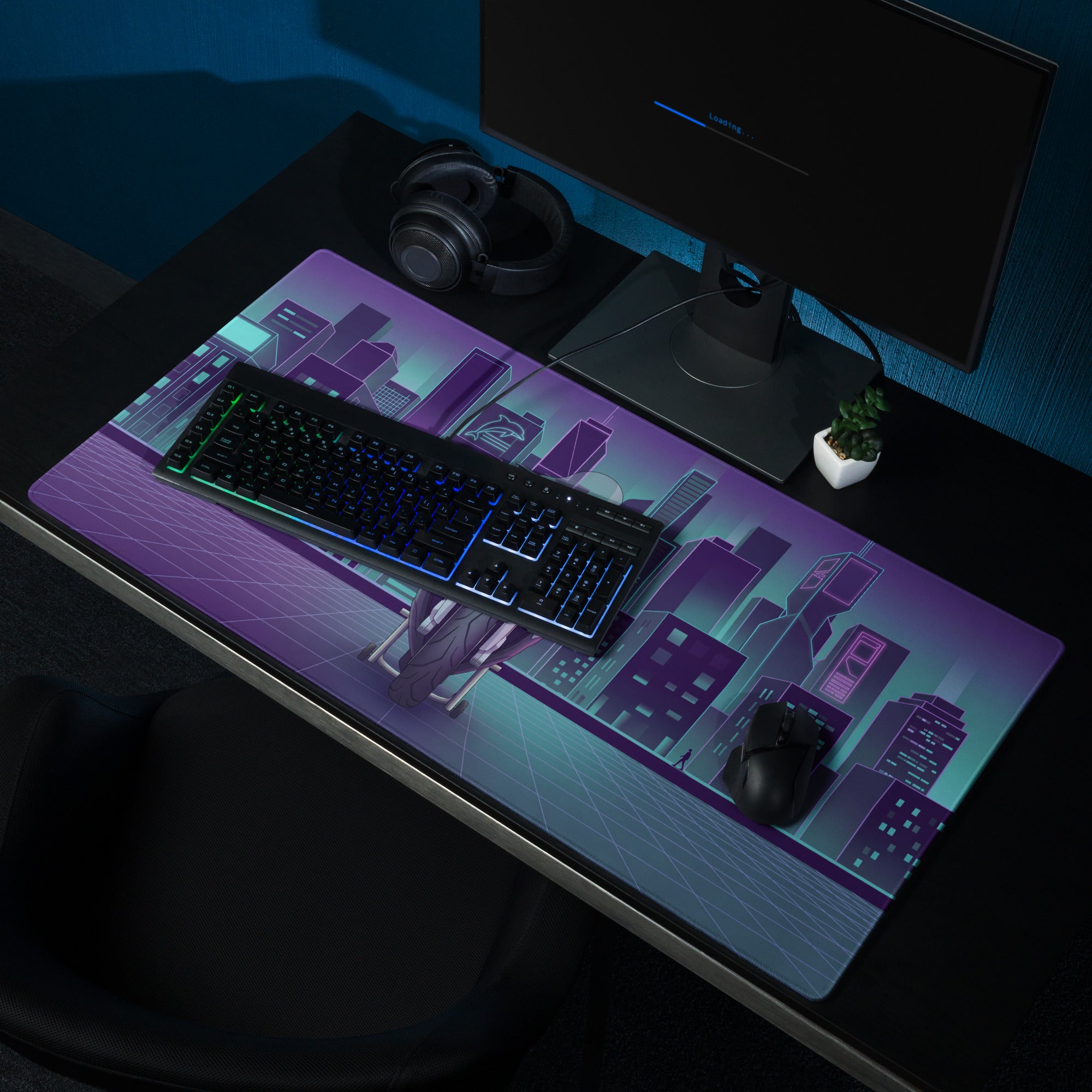 BMW S1000RR Inspired White Teal Vaporwave Gaming Mouse Pad – Neon Purple Cyber City Desk Mat, Futuristic Skyline Sportbike Digital Art