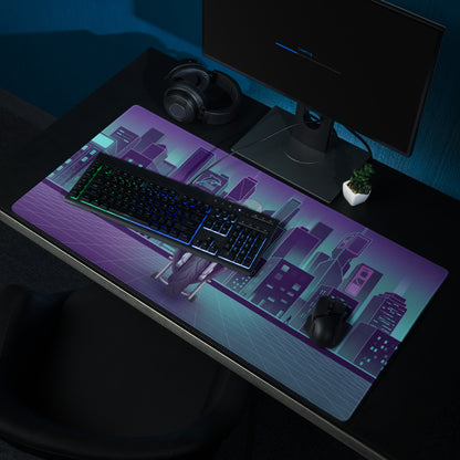 BMW S1000RR Inspired White Teal Vaporwave Gaming Mouse Pad – Neon Purple Cyber City Desk Mat, Futuristic Skyline Sportbike Digital Art