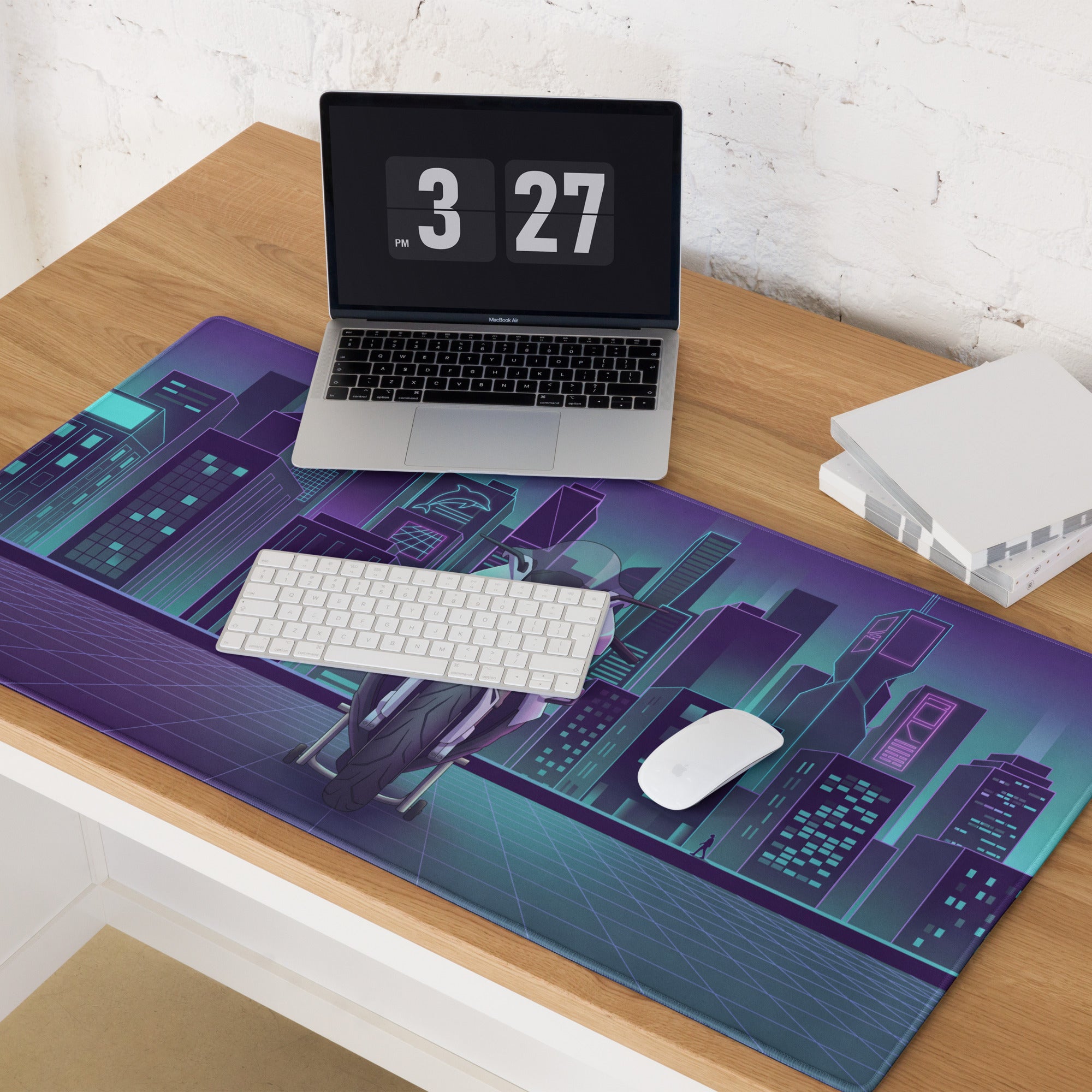BMW S1000RR Inspired White Teal Vaporwave Gaming Mouse Pad – Neon Purple Cyber City Desk Mat, Futuristic Skyline Sportbike Digital Art