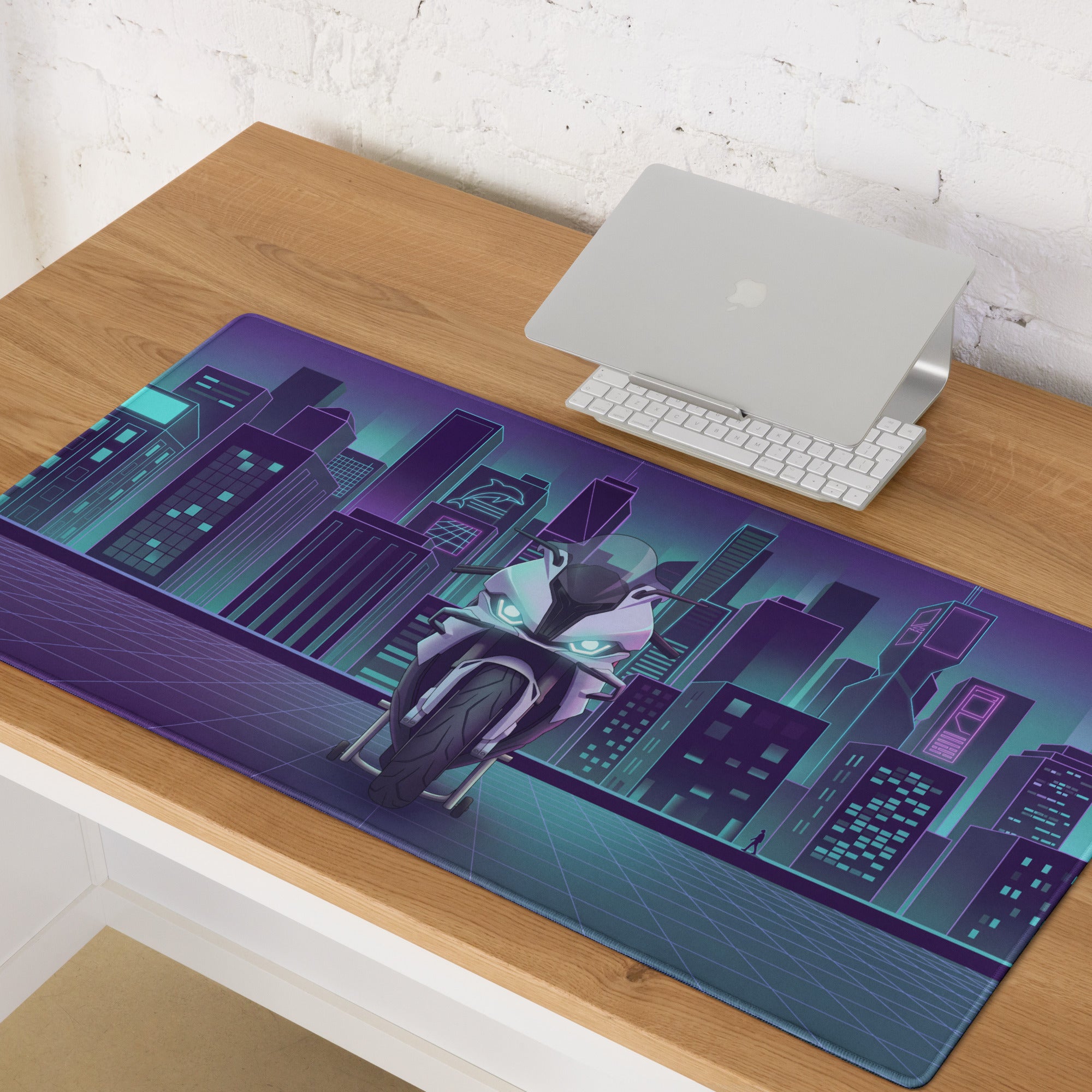BMW S1000RR Inspired White Teal Vaporwave Gaming Mouse Pad – Neon Purple Cyber City Desk Mat, Futuristic Skyline Sportbike Digital Art