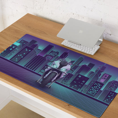 BMW S1000RR Inspired White Teal Vaporwave Gaming Mouse Pad – Neon Purple Cyber City Desk Mat, Futuristic Skyline Sportbike Digital Art