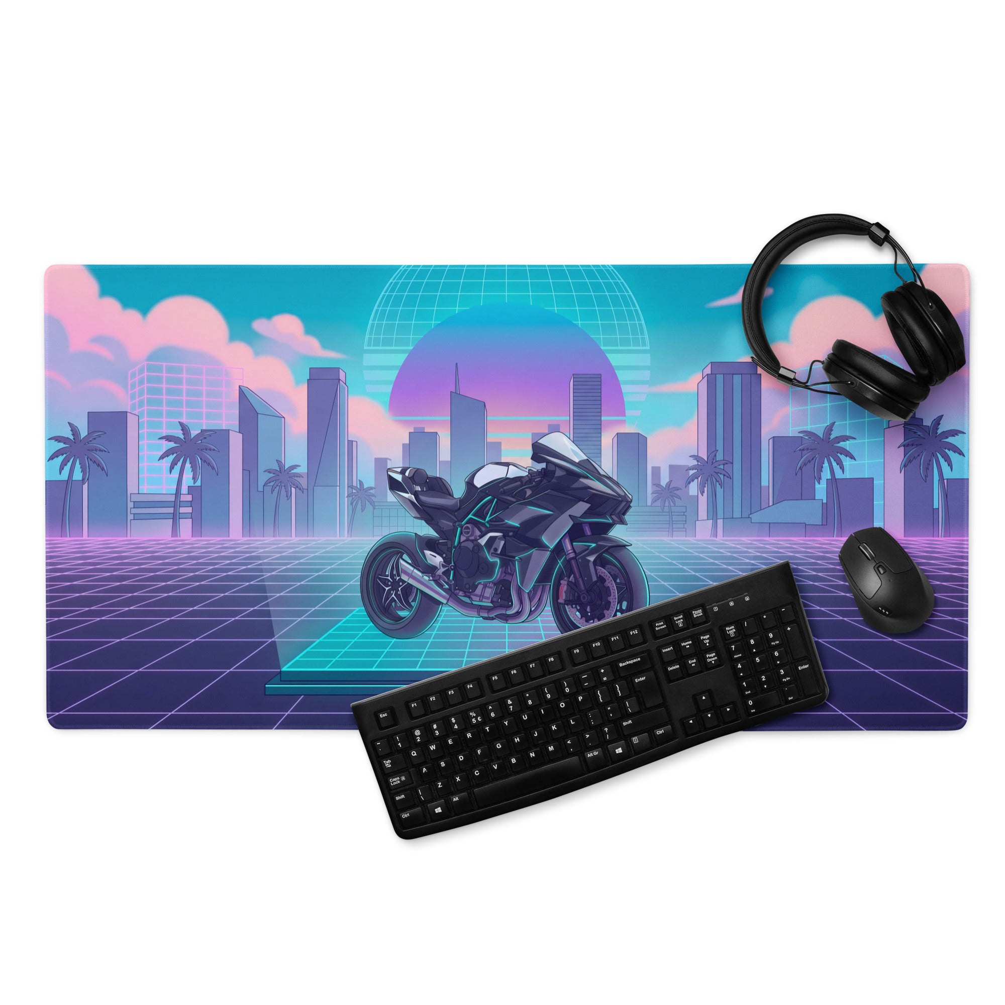 Kawasaki Ninja H2 Inspired Black Teal Vaporwave Gaming Mouse Pad – Neon Pink Retro City Desk Mat, Futuristic Sunset Grid Sportbike Digital Art