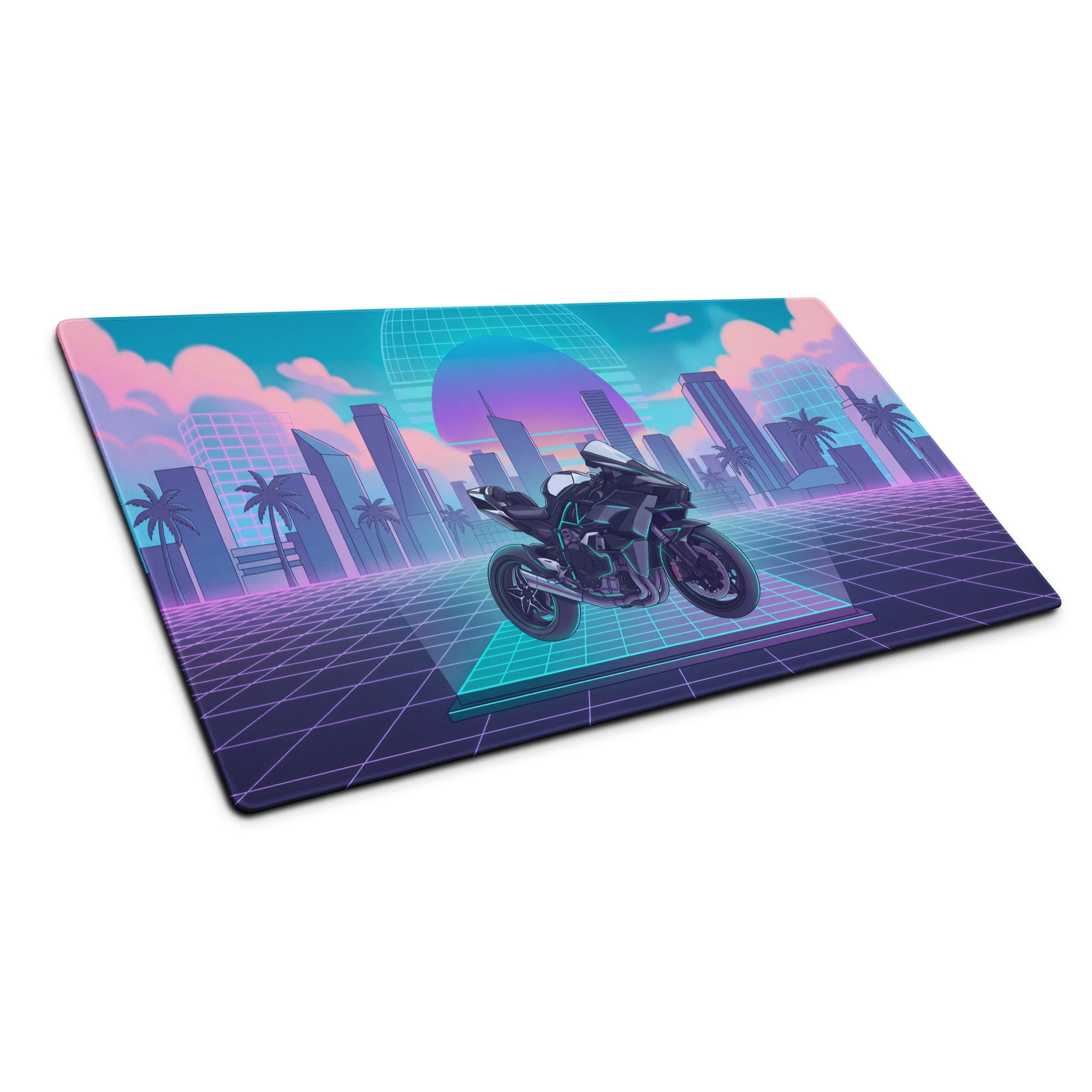 Kawasaki Ninja H2 Inspired Black Teal Vaporwave Gaming Mouse Pad – Neon Pink Retro City Desk Mat, Futuristic Sunset Grid Sportbike Digital Art