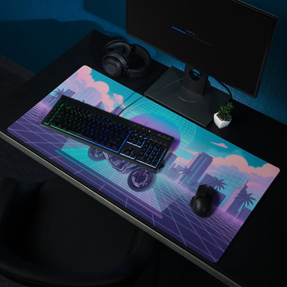 Kawasaki Ninja H2 Inspired Black Teal Vaporwave Gaming Mouse Pad – Neon Pink Retro City Desk Mat, Futuristic Sunset Grid Sportbike Digital Art