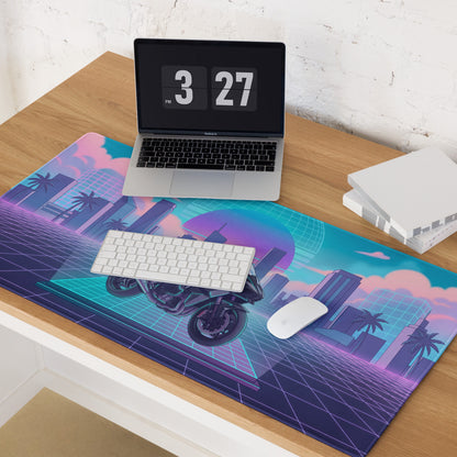 Kawasaki Ninja H2 Inspired Black Teal Vaporwave Gaming Mouse Pad – Neon Pink Retro City Desk Mat, Futuristic Sunset Grid Sportbike Digital Art