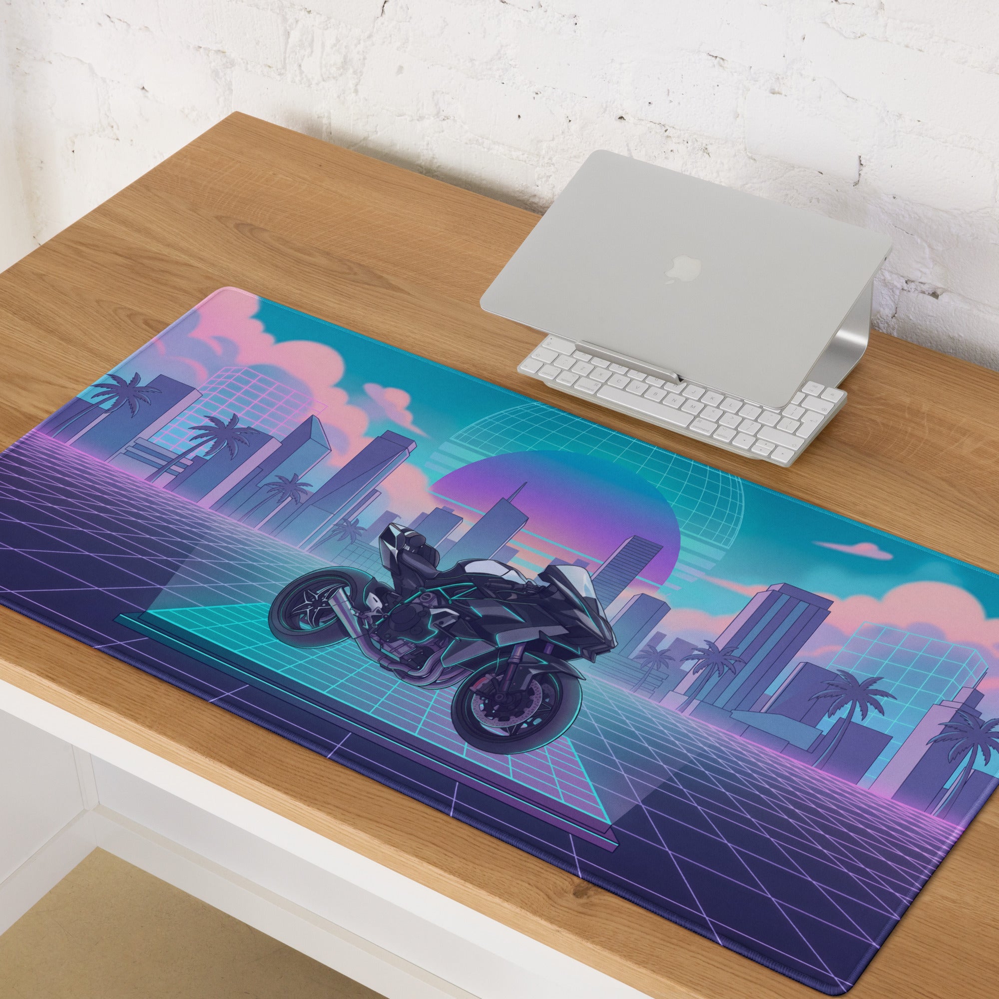 Kawasaki Ninja H2 Inspired Black Teal Vaporwave Gaming Mouse Pad – Neon Pink Retro City Desk Mat, Futuristic Sunset Grid Sportbike Digital Art