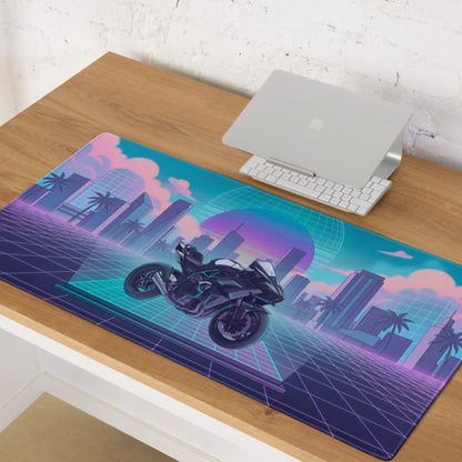 Kawasaki Ninja H2 Inspired Black Teal Vaporwave Gaming Mouse Pad – Neon Pink Retro City Desk Mat, Futuristic Sunset Grid Sportbike Digital Art