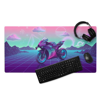 KTM RC 8C Inspired Pink Teal Vaporwave Gaming Mouse Pad – Neon Retro Grid Desk Mat, Dreamy Cosmic Mountain Sportbike Digital Art
