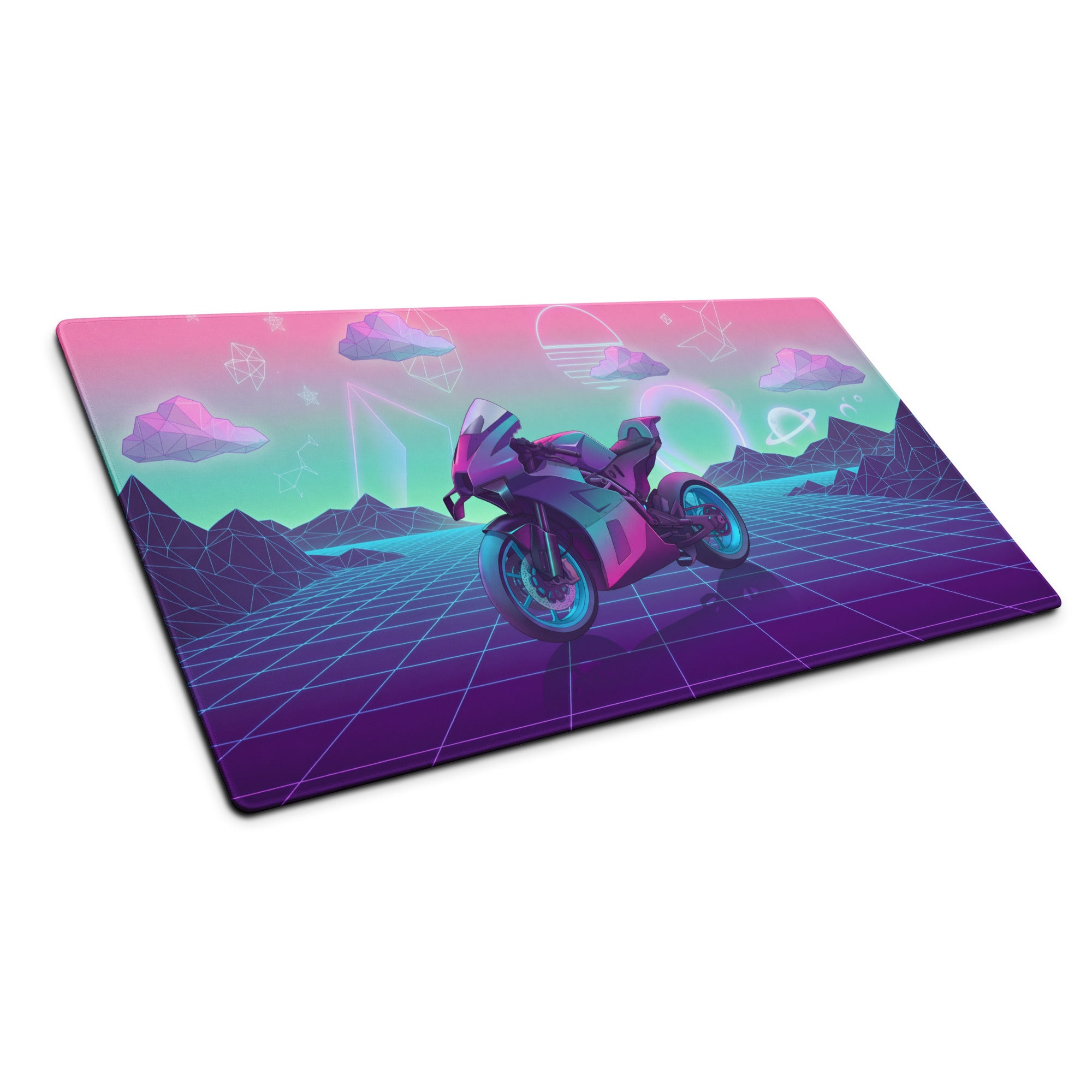 KTM RC 8C Inspired Pink Teal Vaporwave Gaming Mouse Pad – Neon Retro Grid Desk Mat, Dreamy Cosmic Mountain Sportbike Digital Art