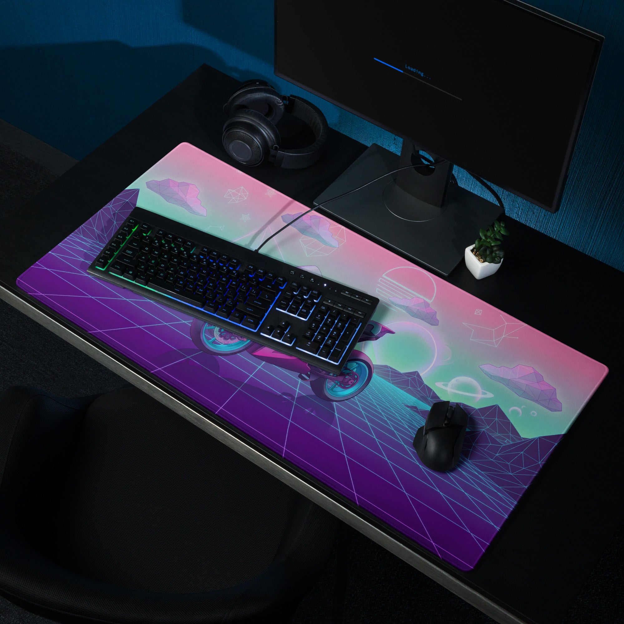 KTM RC 8C Inspired Pink Teal Vaporwave Gaming Mouse Pad – Neon Retro Grid Desk Mat, Dreamy Cosmic Mountain Sportbike Digital Art