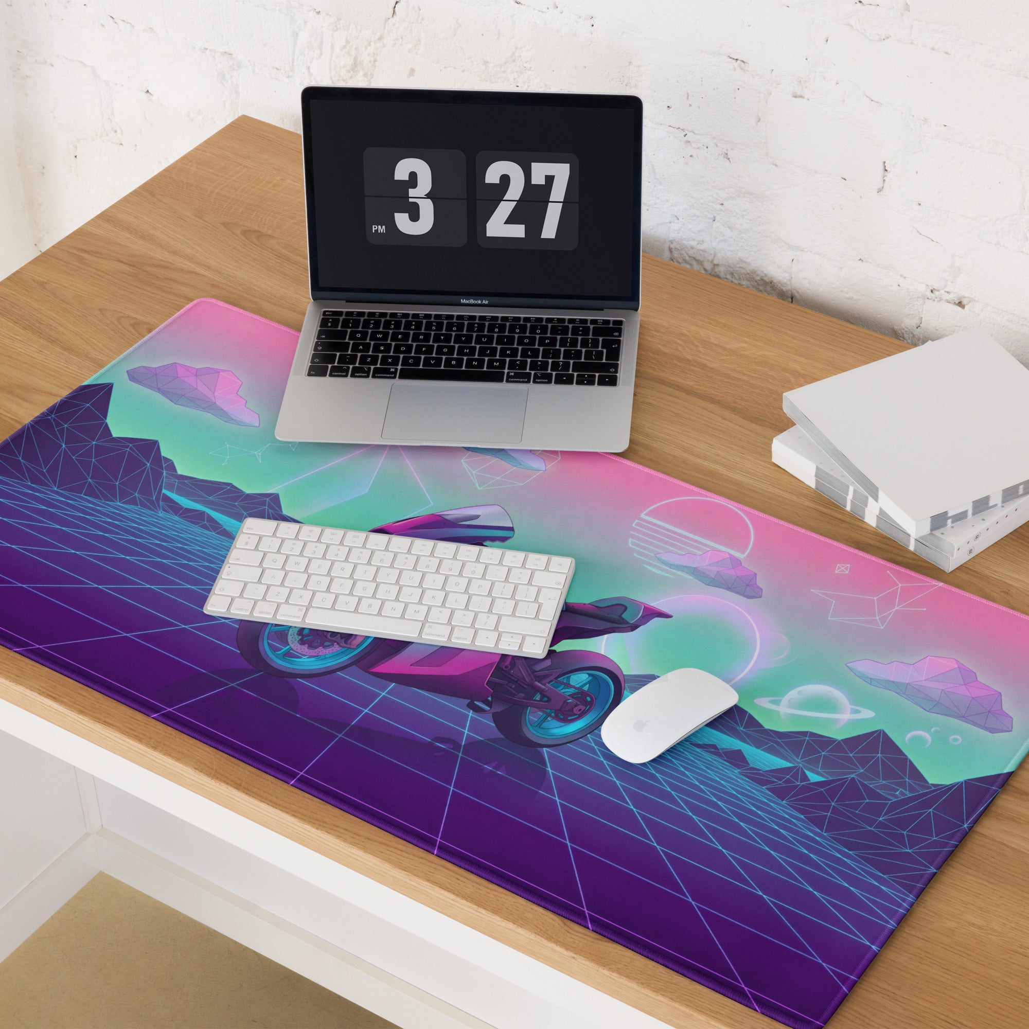 KTM RC 8C Inspired Pink Teal Vaporwave Gaming Mouse Pad – Neon Retro Grid Desk Mat, Dreamy Cosmic Mountain Sportbike Digital Art