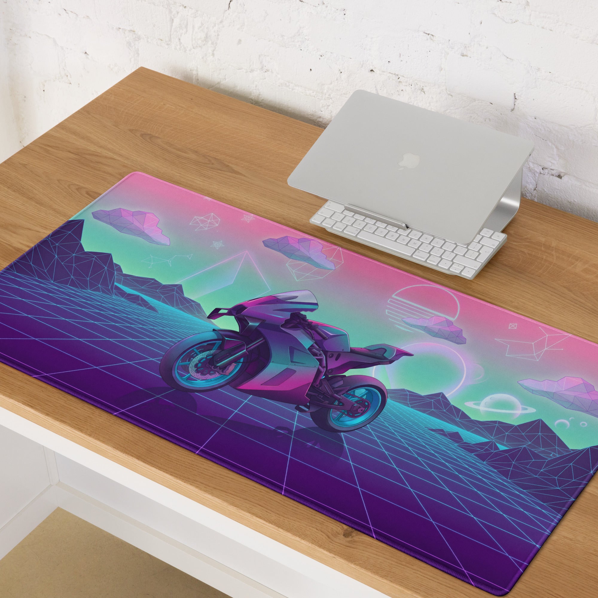 KTM RC 8C Inspired Pink Teal Vaporwave Gaming Mouse Pad – Neon Retro Grid Desk Mat, Dreamy Cosmic Mountain Sportbike Digital Art