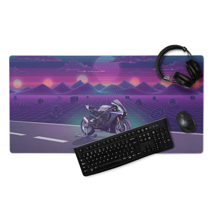 Yamaha YZF-R1M Inspired Silver Purple Vaporwave Gaming Mouse Pad – Neon Sunset Grid Desk Mat, Retro Futuristic Mountain Sportbike Digital Art