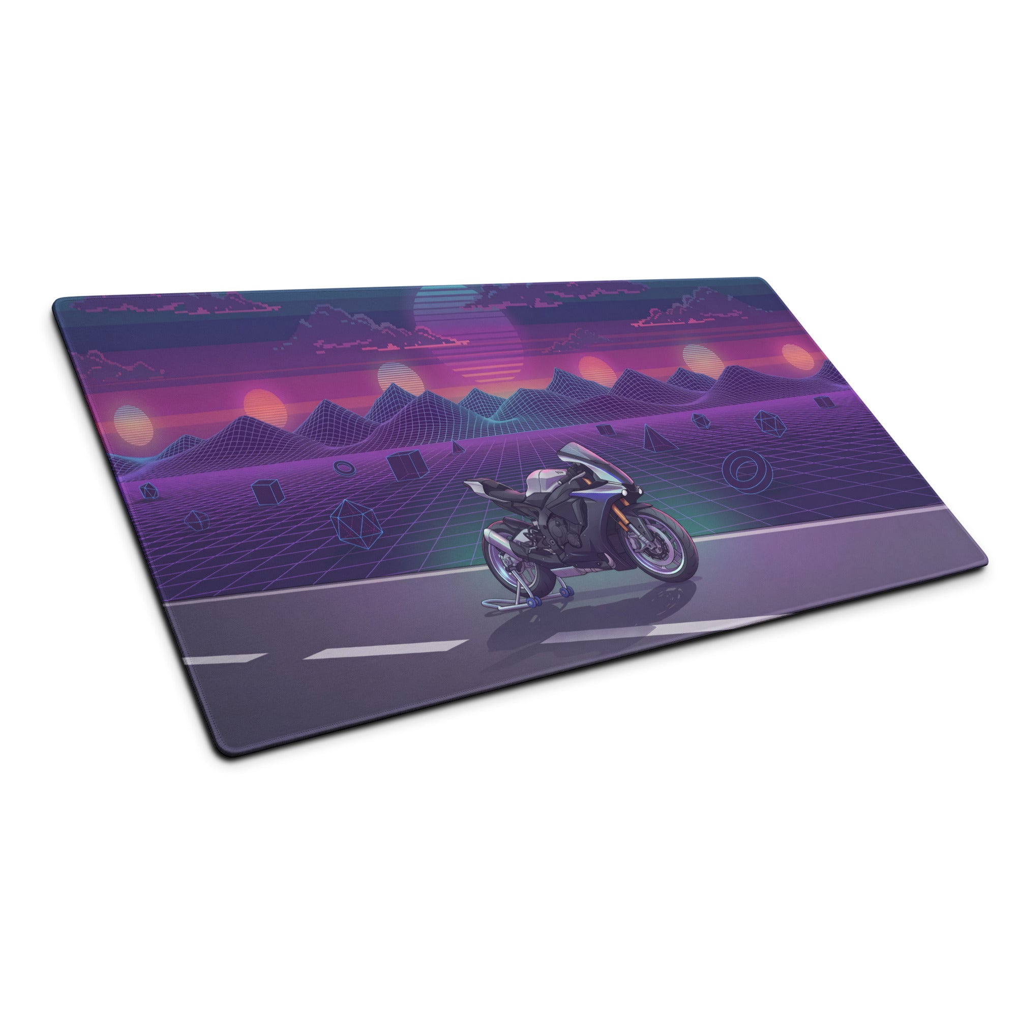 Yamaha YZF-R1M Inspired Silver Purple Vaporwave Gaming Mouse Pad – Neon Sunset Grid Desk Mat, Retro Futuristic Mountain Sportbike Digital Art
