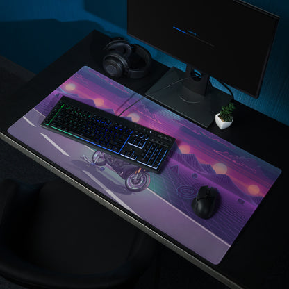 Yamaha YZF-R1M Inspired Silver Purple Vaporwave Gaming Mouse Pad – Neon Sunset Grid Desk Mat, Retro Futuristic Mountain Sportbike Digital Art