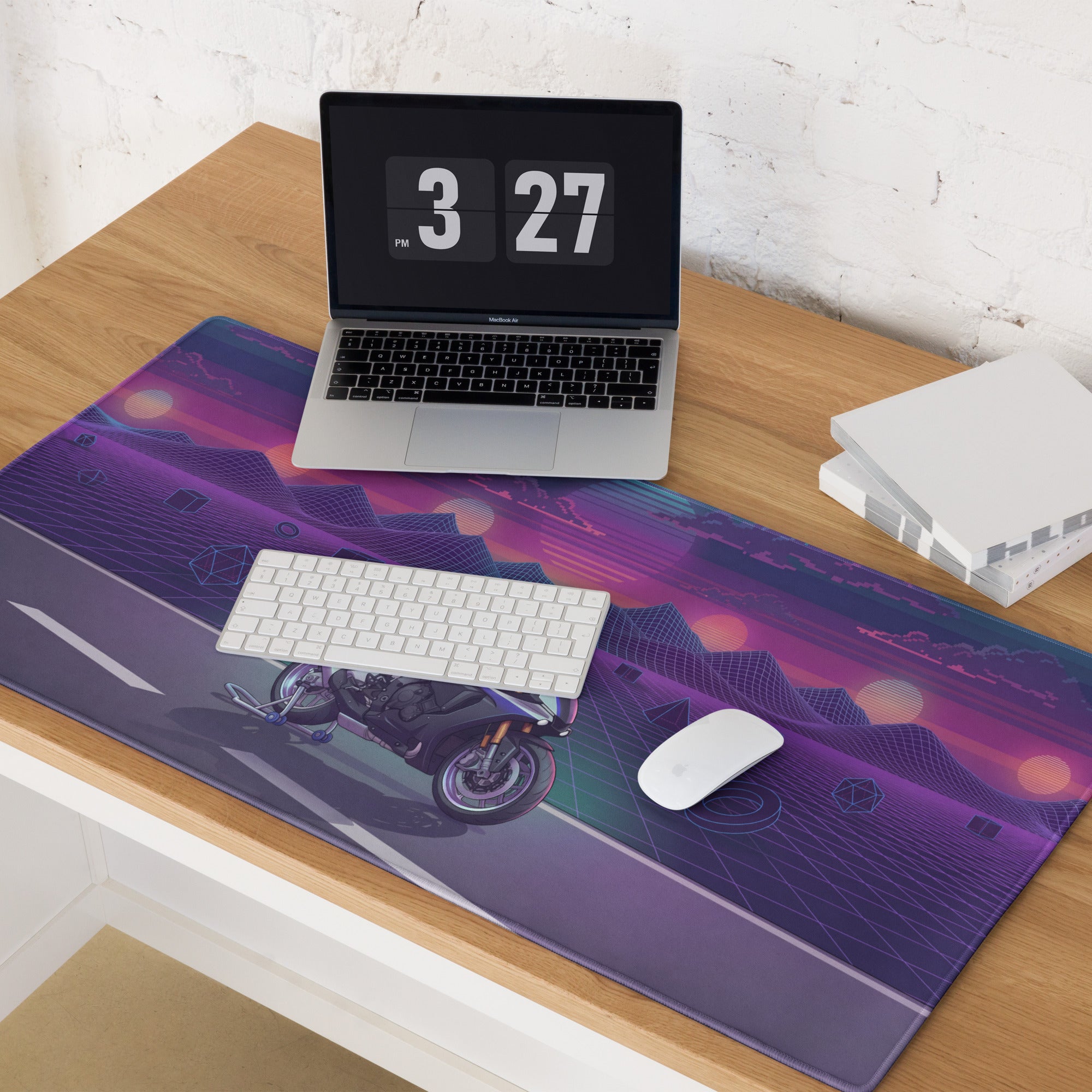 Yamaha YZF-R1M Inspired Silver Purple Vaporwave Gaming Mouse Pad – Neon Sunset Grid Desk Mat, Retro Futuristic Mountain Sportbike Digital Art