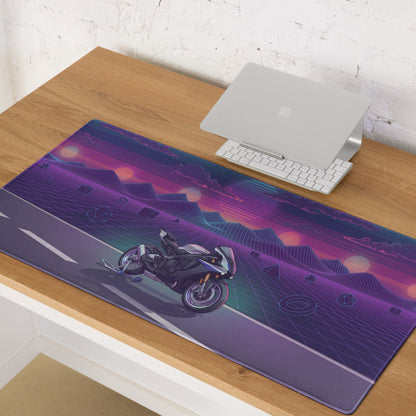 Yamaha YZF-R1M Inspired Silver Purple Vaporwave Gaming Mouse Pad – Neon Sunset Grid Desk Mat, Retro Futuristic Mountain Sportbike Digital Art